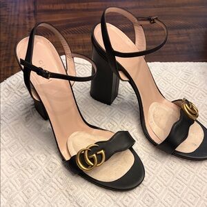 Gucci Black and Gold Heeled Sandals